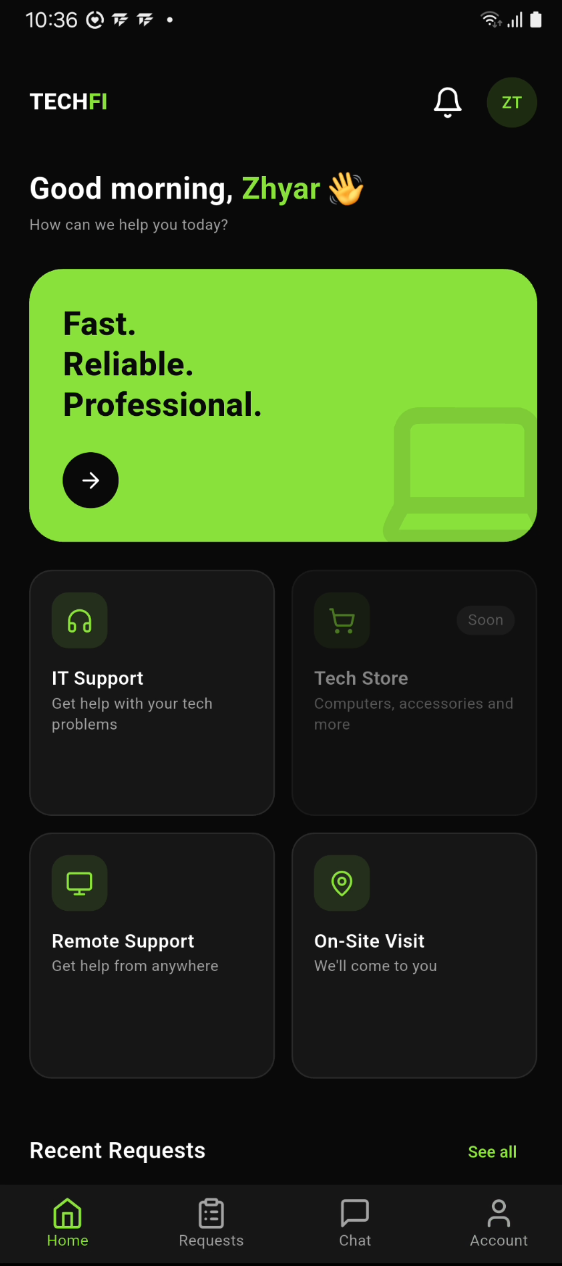 TechFi app home screen showing IT Support, Remote Support, On-Site Visit, and Tech Store options